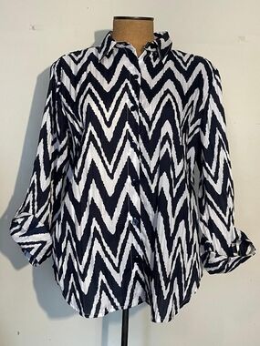 Chico's Navy and Ivory Zigzag Button-Down Shirt
